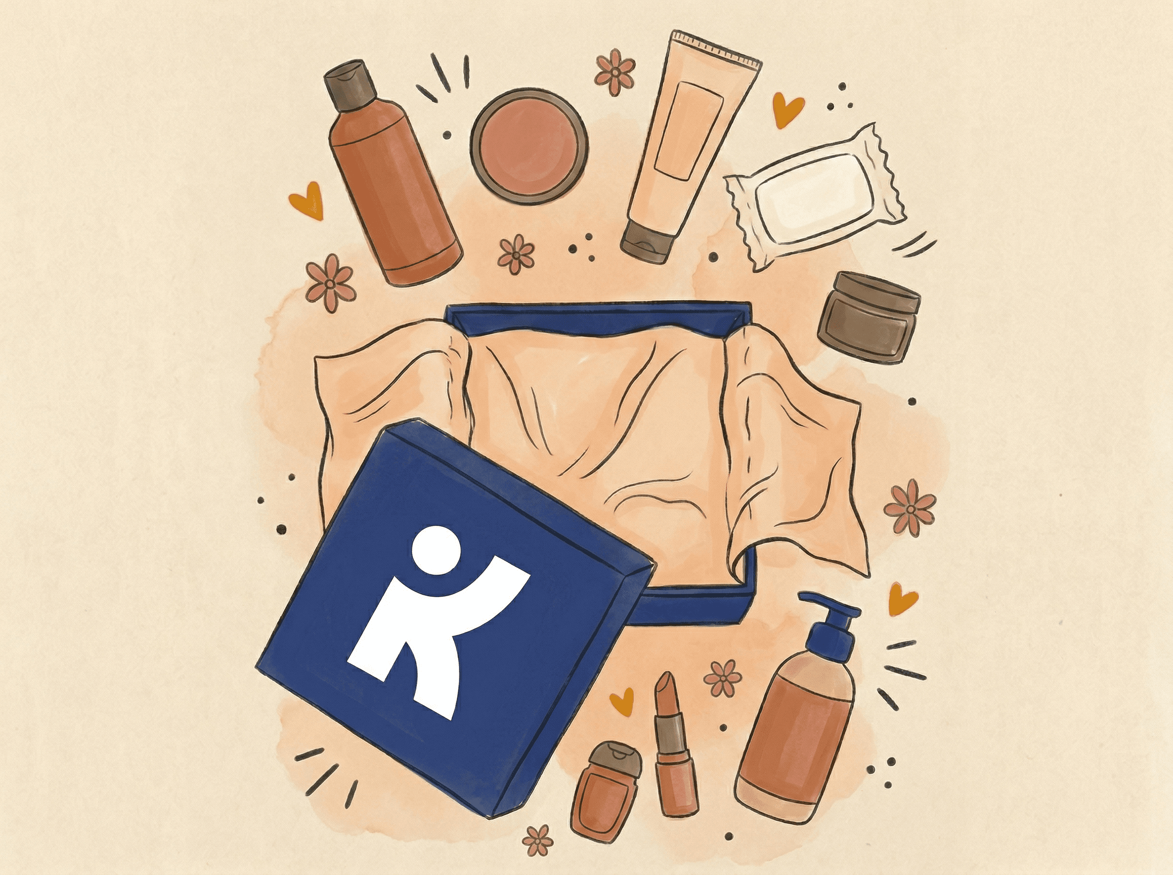 Illustrated kindness kit: a navy box with the K logo surrounded by donated beauty, hygiene, and personal-care products
