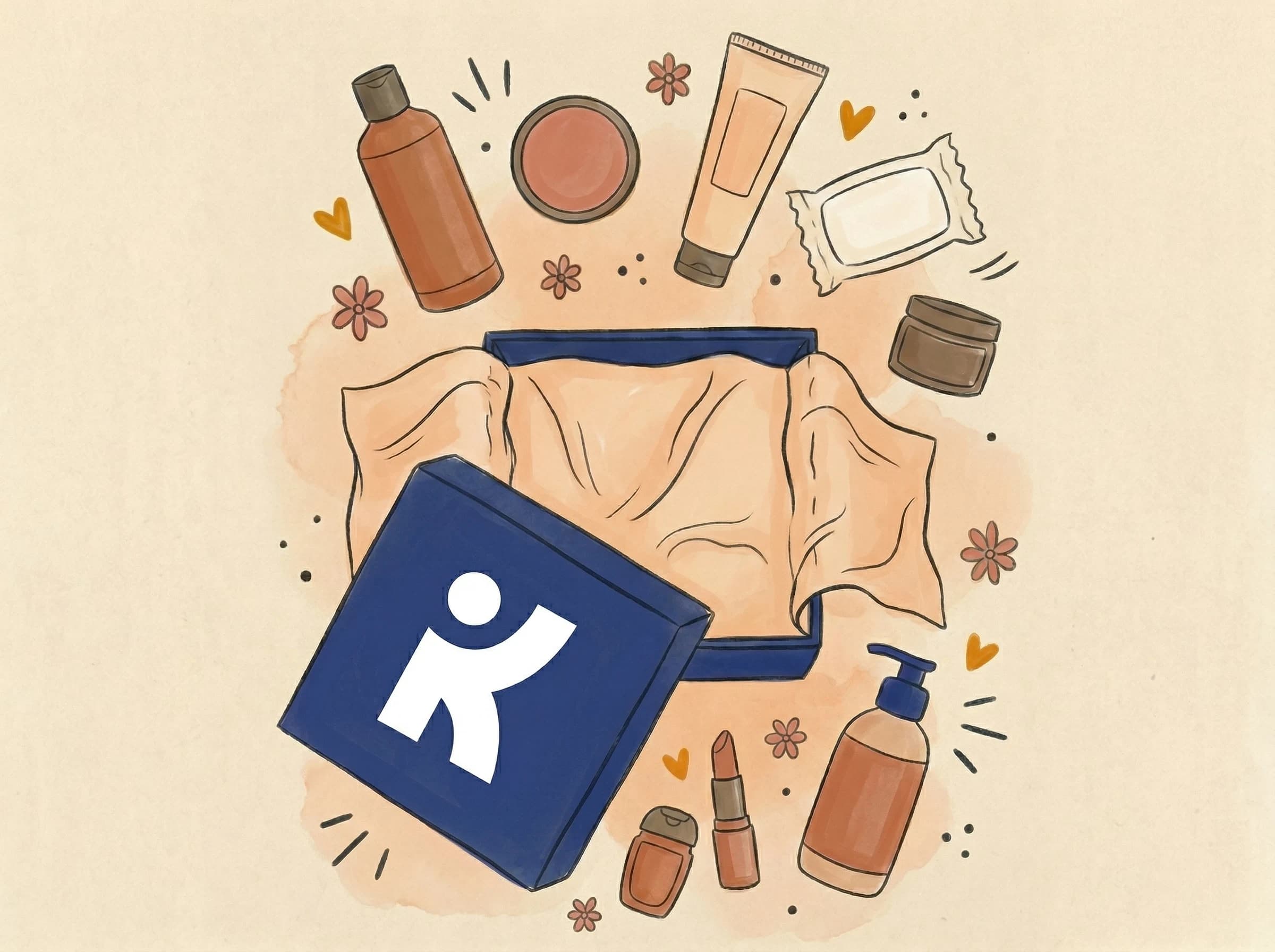 Illustrated kindness kit: a navy box with the K logo surrounded by donated beauty, hygiene, and personal-care products